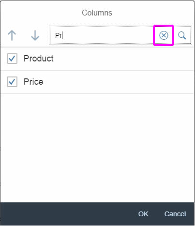 Table personalization dialog – Search reset