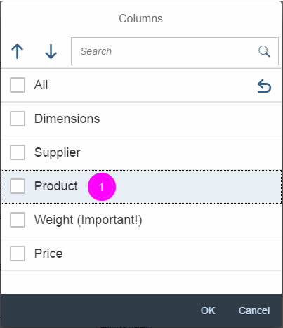 Table personalization dialog – Select