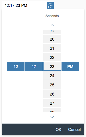 Dropdown with hours, minutes, seconds, and AM/PM