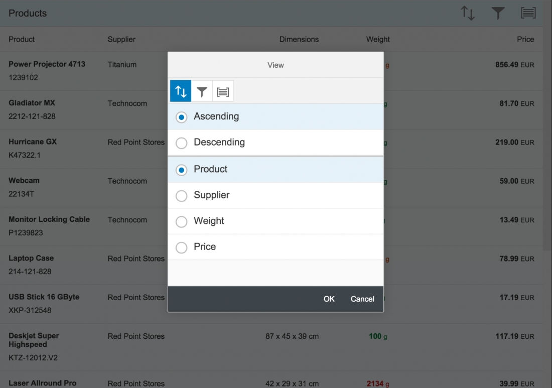 View settings dialog on a tablet (size M)