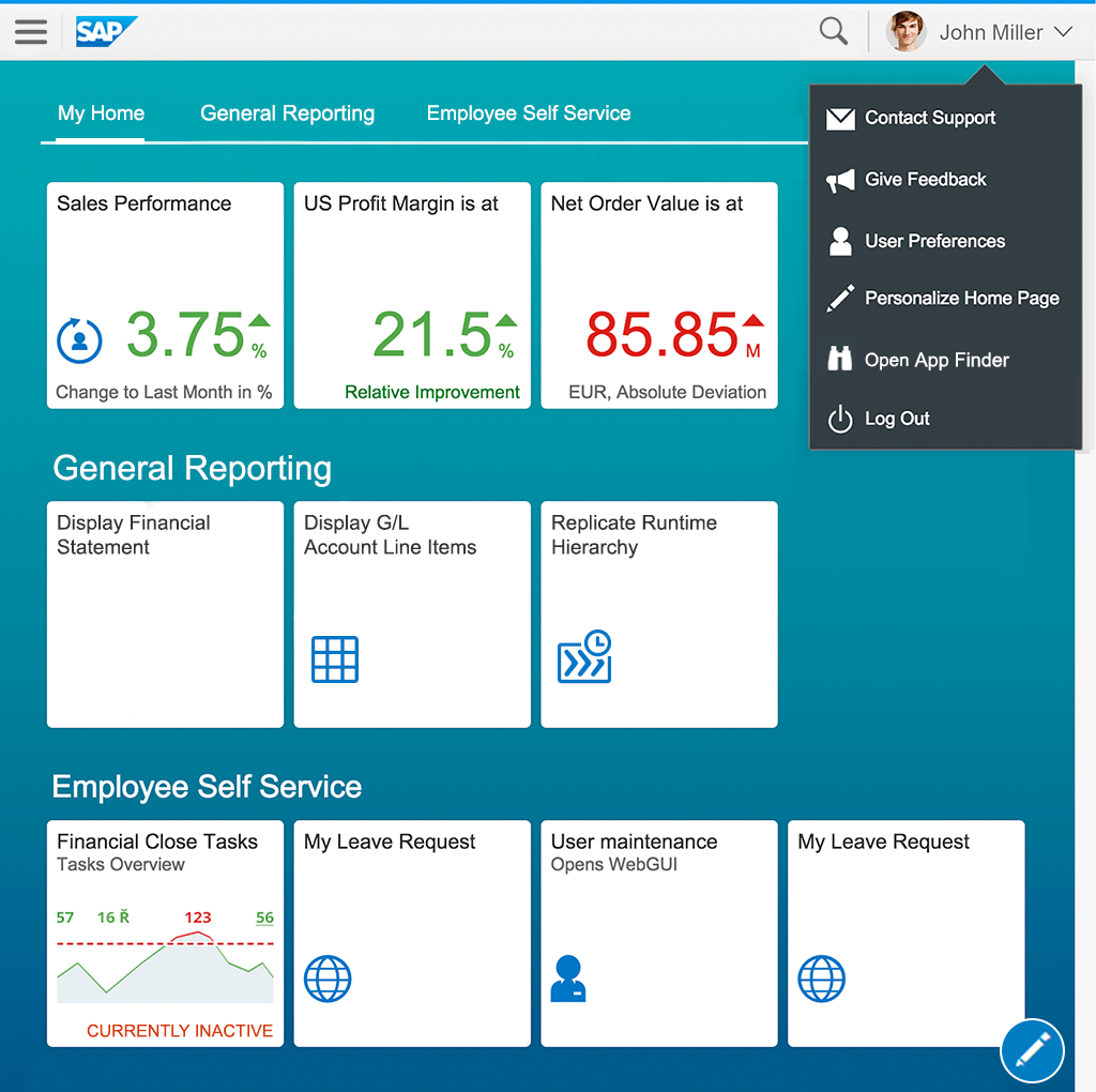 SAP Fiori launchpad home page - shown with action sheet