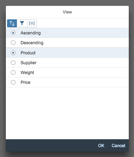 View settings dialog – Sort tab