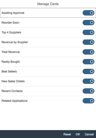 Overview page – Manage cards dialog