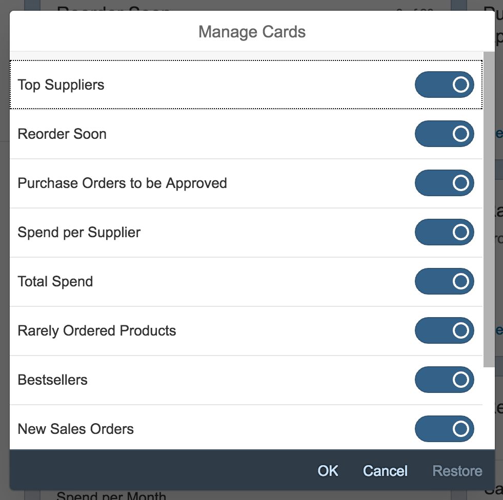 Overview page – 'Manage cards' dialog after initial loading