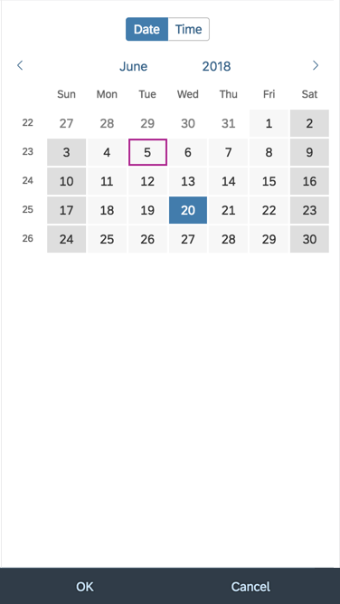 Size S - Date/time picker opens with the 'Date' view