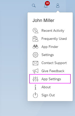 User menu - 'App Settings'