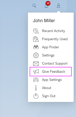 User menu - 'Give Feedback'