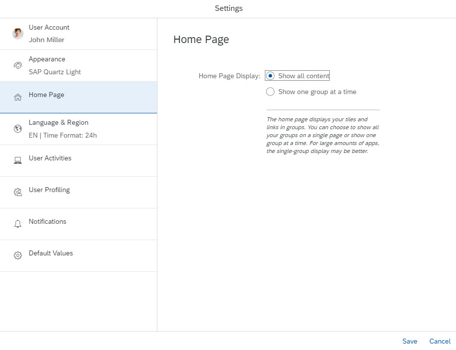 'Home Page' dialog