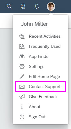 User actions menu - 'Contact Support'