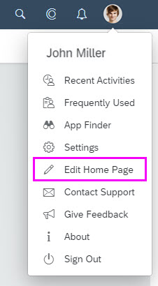 User actions menu - Edit home page