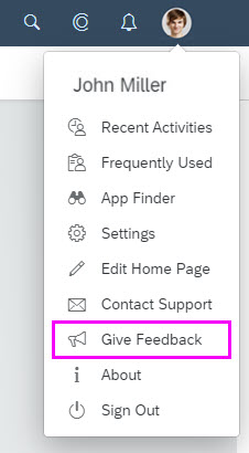 User actions menu - 'Give Feedback'