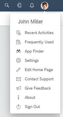 User actions menu on the SAP Fiori home page