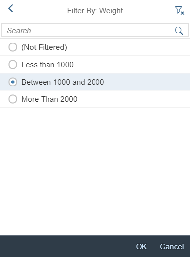The dialog after choosing a general filter category (here: Weight). You can refine the filter further by selecting subcategories.