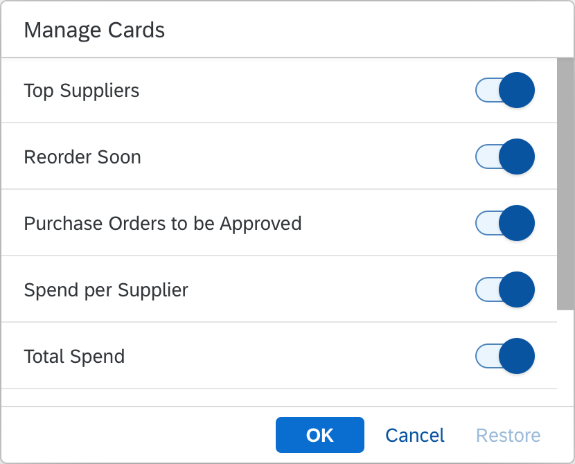 Overview page – 'Manage Cards' dialog after initial loading