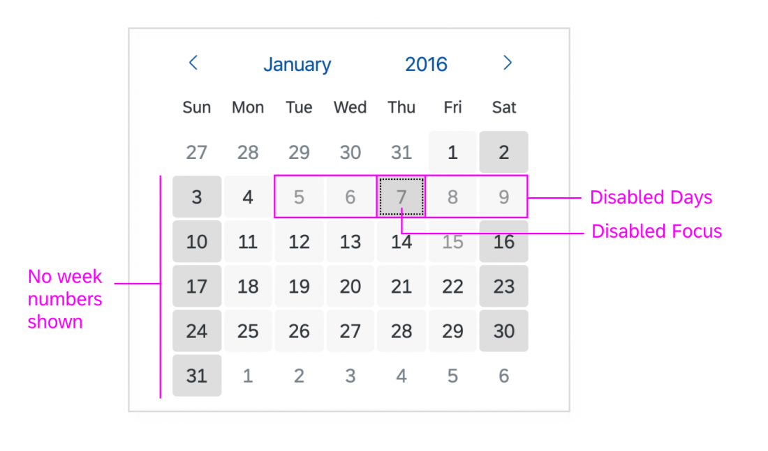 Calendar without calendar weeks and with disabled days