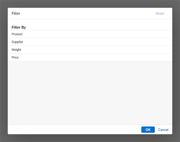 The dialog for choosing a category from the filter tab drills down to the filter settings.