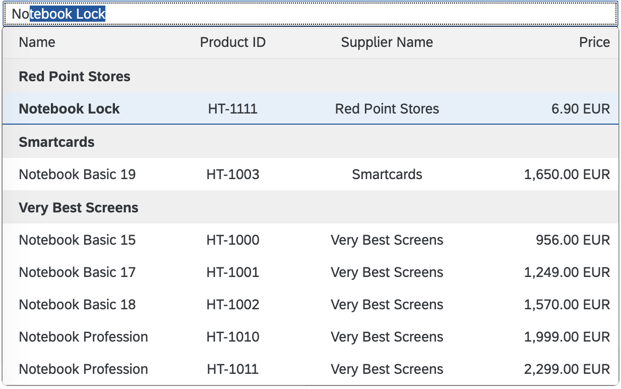 Input with grouped tabular suggestions