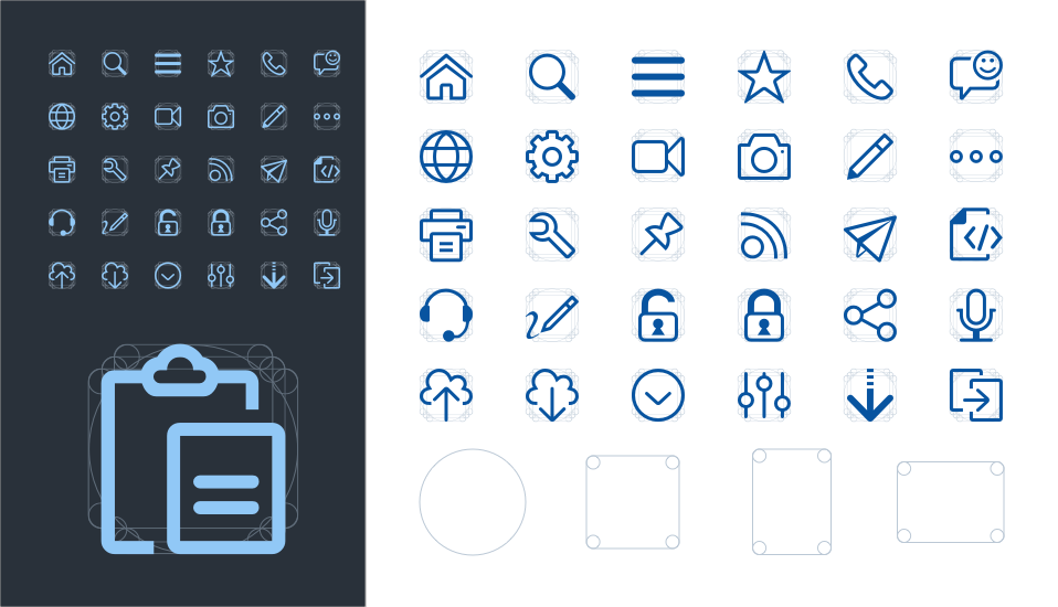 Vector based icons drawn with a flexible geometric grid system