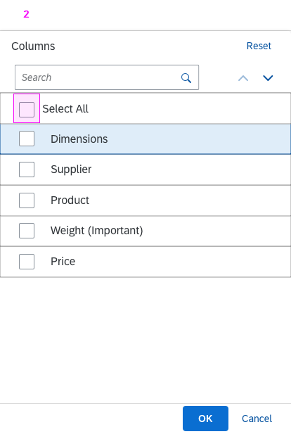 Table personalization dialog – Hide all