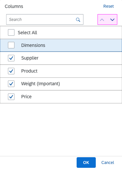 Table personalization dialog – Move buttons