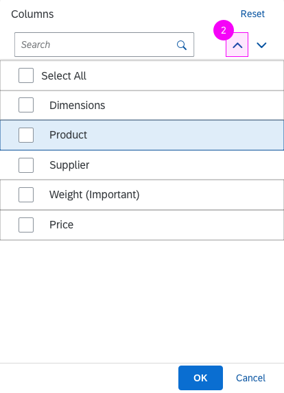 Table personalization dialog – Move Column Up