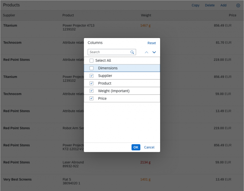 Table personalization dialog – Open dialog