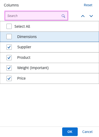 Table personalization dialog – Search field