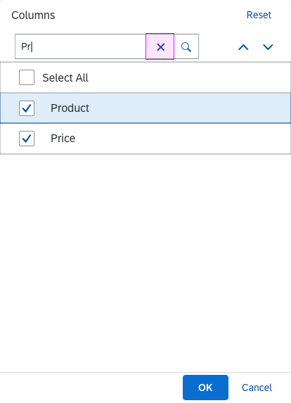 Table personalization dialog – Search reset
