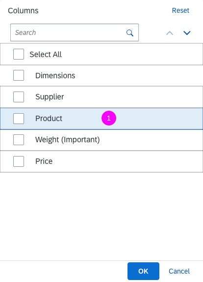 Table personalization dialog – Select