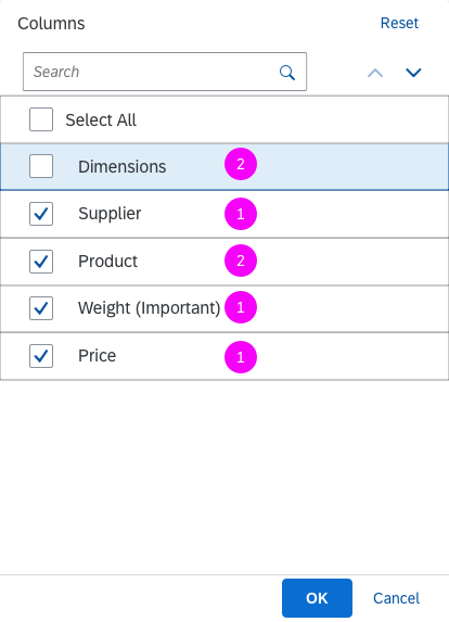Table personalization dialog – Show/Hide