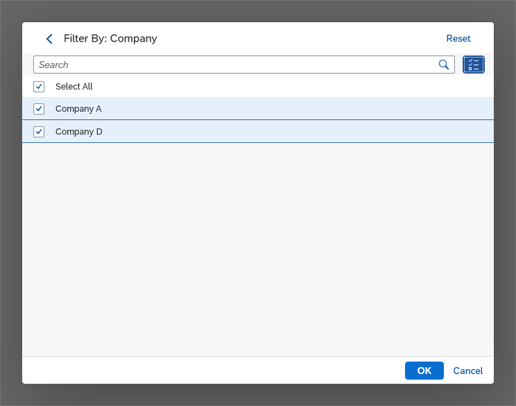 Multiple filters with 'Show Selected Only' option active - only selected filters are shown