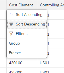 Column header menu for a dimension column of an analytical table within a smart table