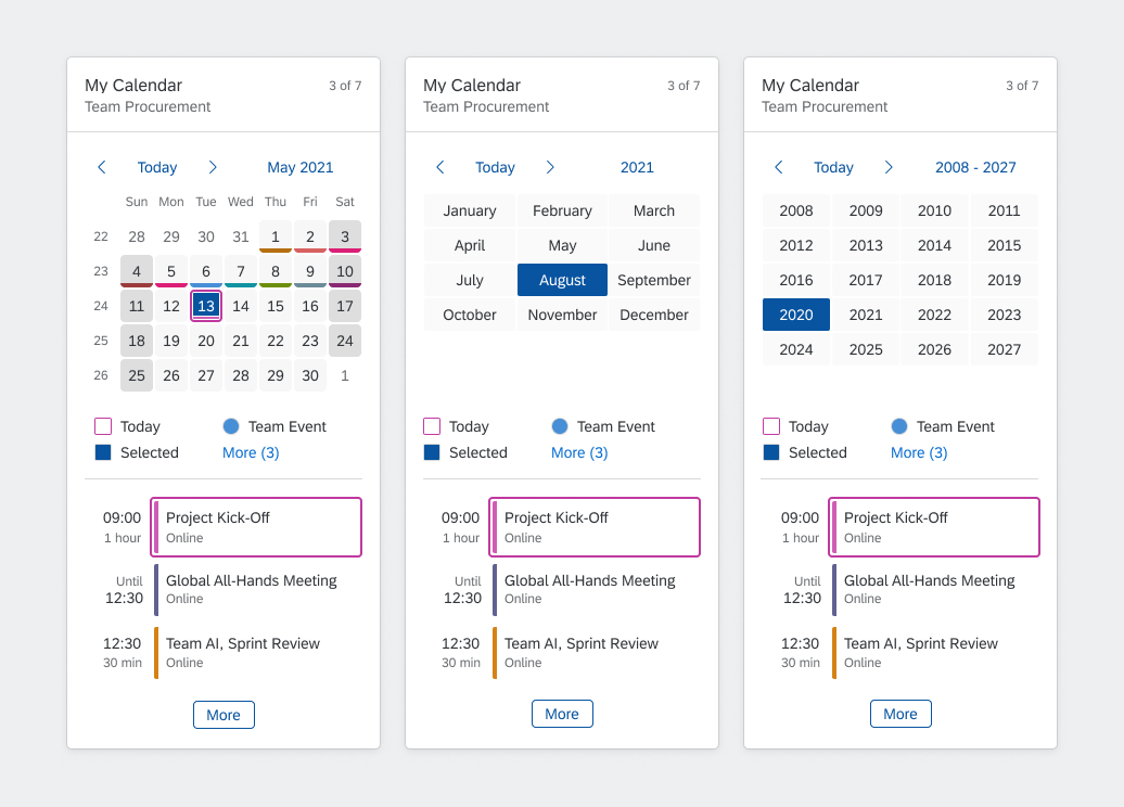 Calendar card - Picker views