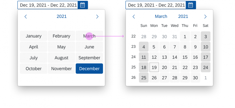Changing the month navigates back to the date picker. The focus is on the last selected start date.