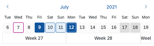 Calendar date interval with a selection