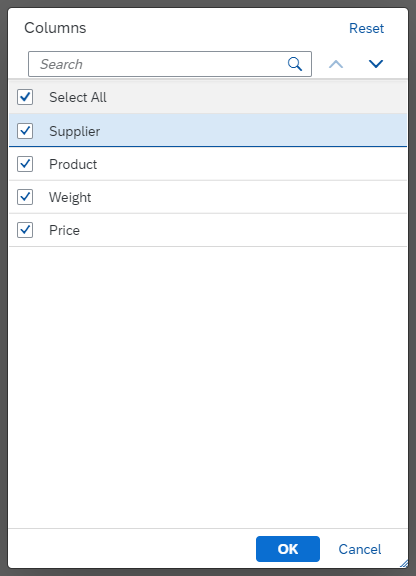 Table personalization dialog 