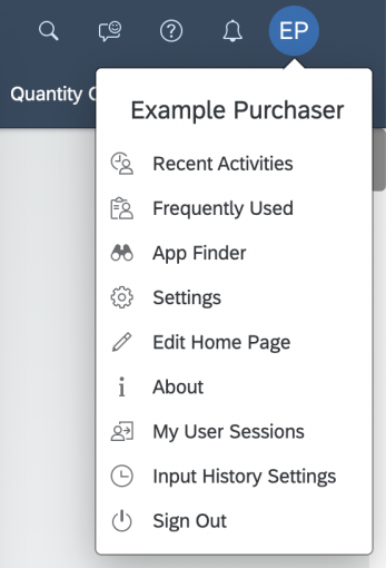 User actions menu on the SAP Fiori home page