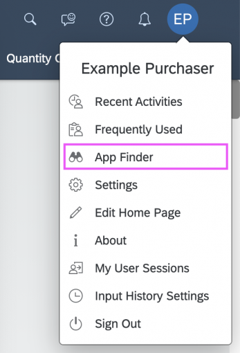 User actions menu - App finder