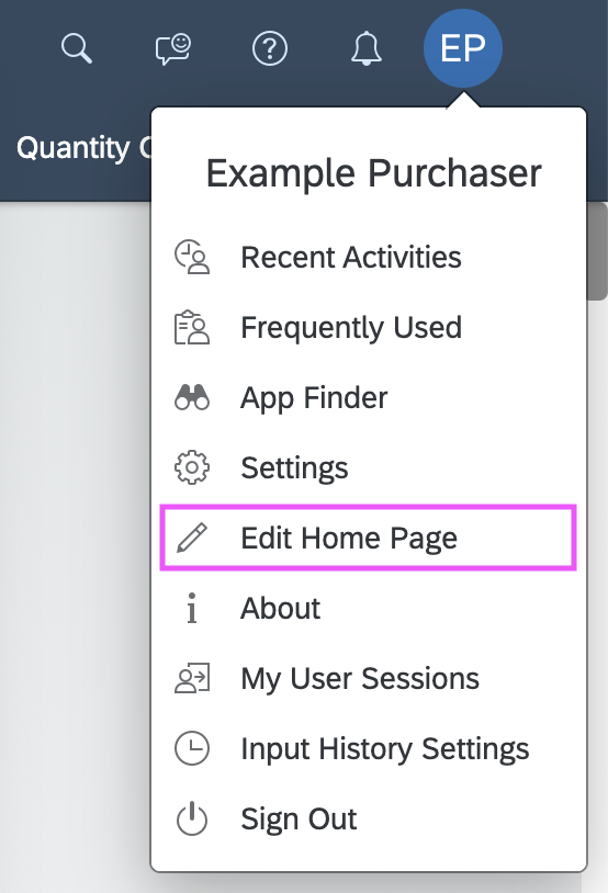 User actions menu - Edit home page