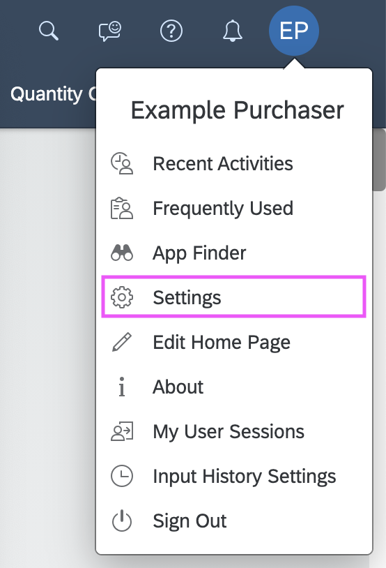 User actions menu - settings