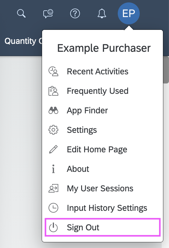 User actions menu - 'Sign Out'