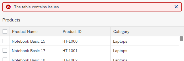 Table containing errors and warnings
