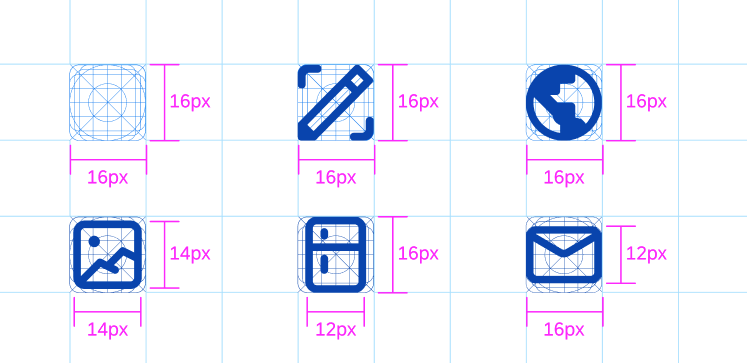 Details of 16px icons based on the icon grid system
