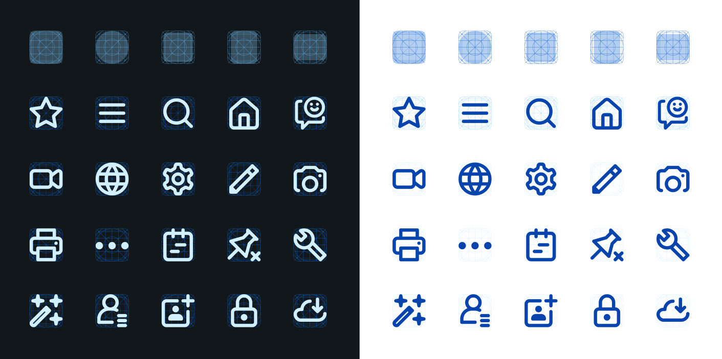 Vector based icons drawn with a flexible geometric grid system