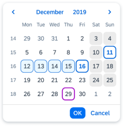 Date range picker with 'OK' and 'Cancel'