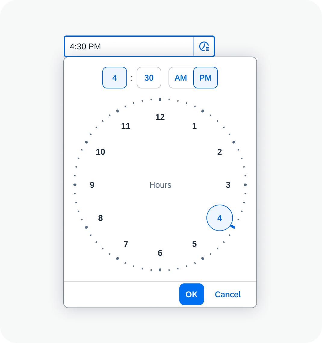 Time picker with 12-hour clock face