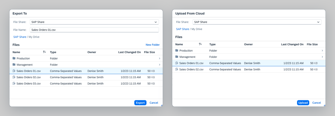 Cloud file browser - Export and import dialogs